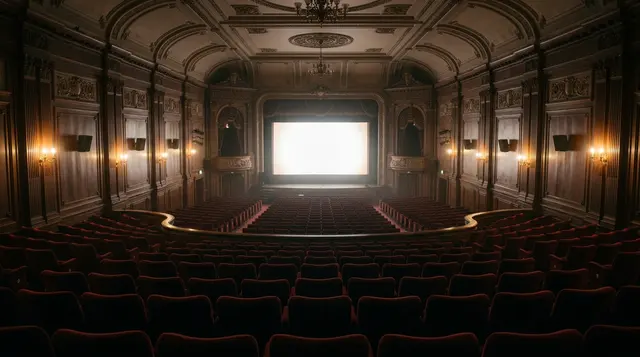 Sala cinematografica storica vuota con schermo acceso, la cornice del caso Dau a Venezia 83