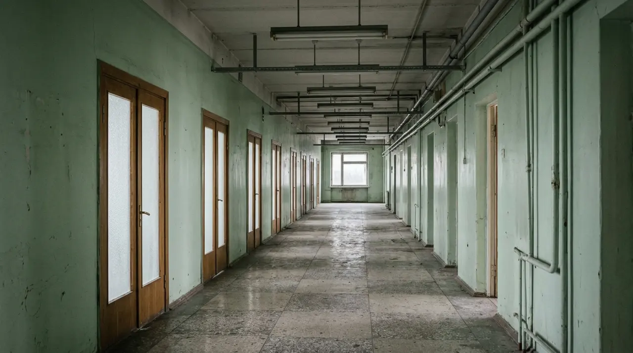 Corridoio deserto di un istituto scientifico sovietico con pareti verdi e porte a vetri smerigliati