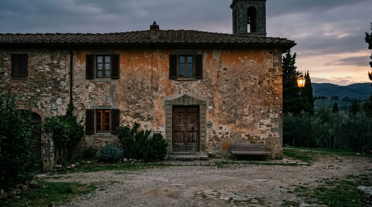 Facciata di una canonica toscana al tramonto con il portone di legno chiuso e il cortile deserto