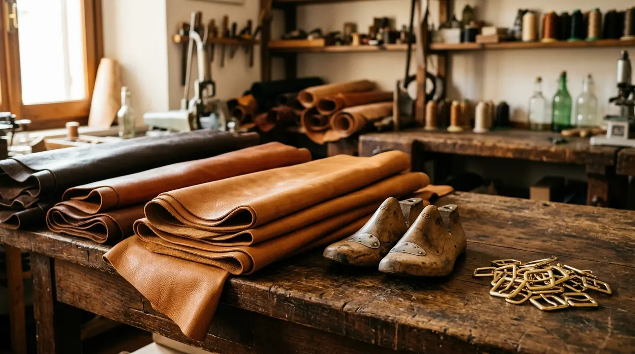 Pellami conciati, forme in legno e fibbie in ottone su un banco da lavoro artigiano