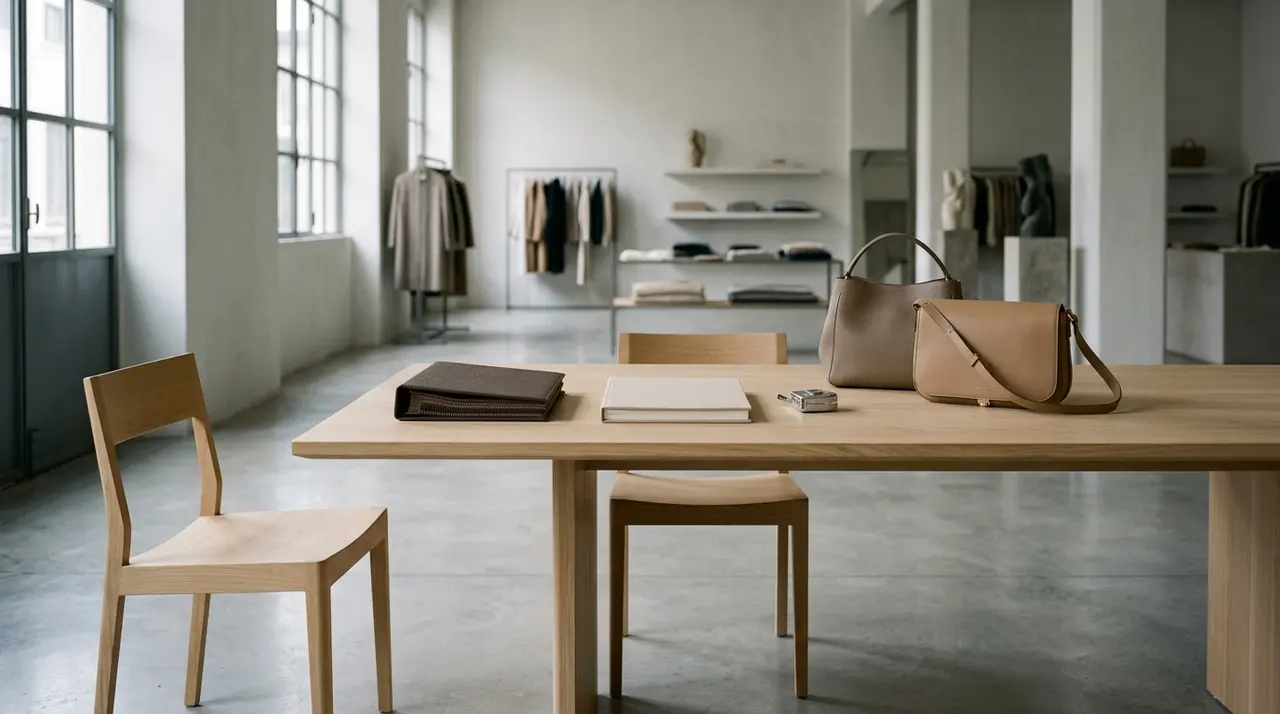 Tavolo da appuntamento in uno showroom milanese con cartella campioni e borse in pelle
