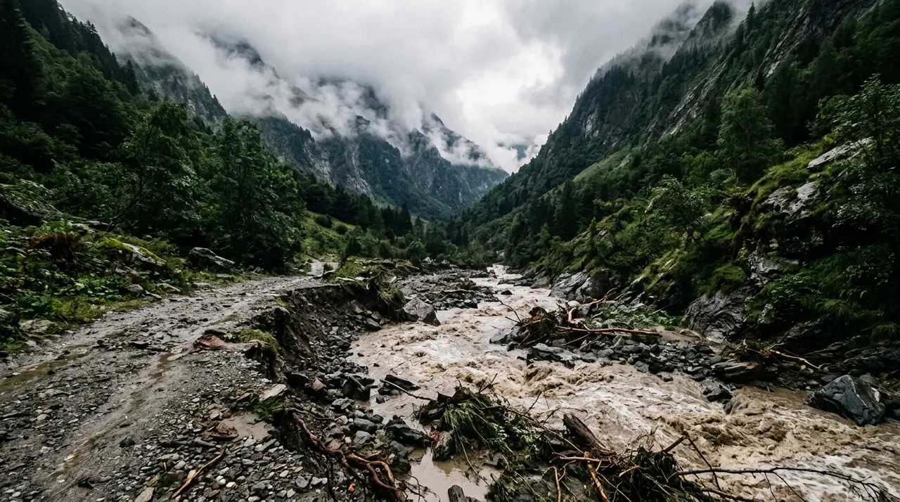 Maltempo al Centro-Nord: torrente in piena e sponda erosa in una valle delle Alpi Orobie dopo i nubifragi