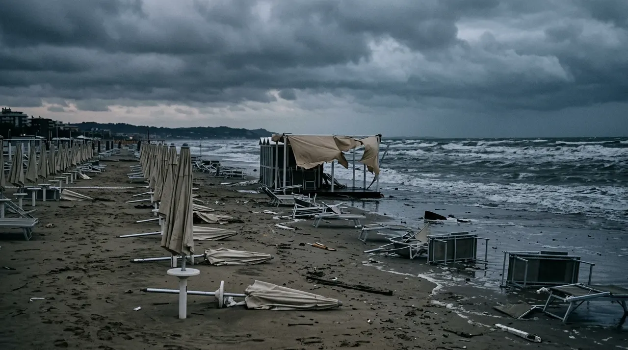 Stabilimento balneare della Versilia devastato dal vento: ombrelloni abbattuti e lettini rovesciati sulla spiaggia deserta