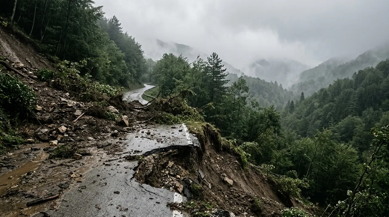Strada provinciale di montagna interrotta da una frana con cedimento della carreggiata dopo le piogge in Lunigiana