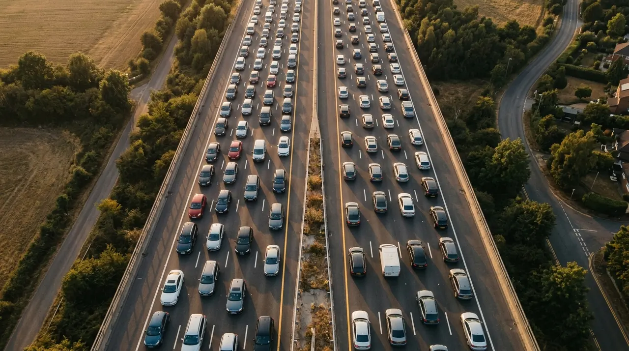 Traffico autostradale nel controesodo di agosto durante la corsa dei carburanti
