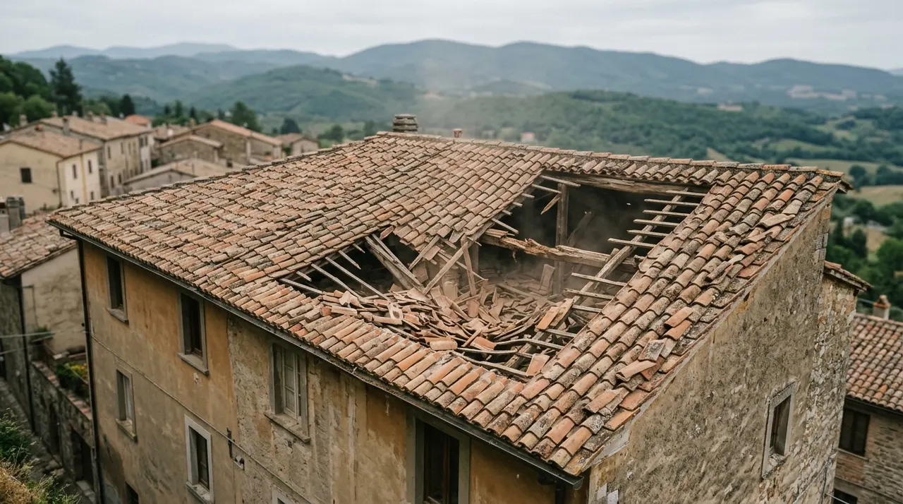 Esplosione a Perugia: il tetto sfondato di una palazzina, travi di legno scoperte e tegole crollate