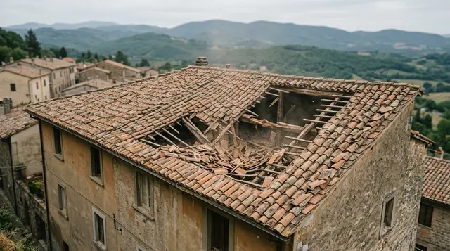 Esplosione a Perugia: il tetto sfondato di una palazzina, travi di legno scoperte e tegole crollate