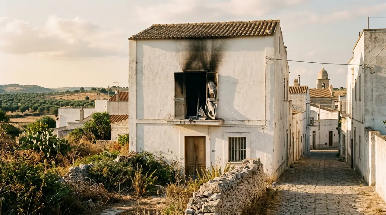 Esplosione a Carovigno: facciata annerita di una palazzina residenziale del Brindisino dopo una deflagrazione domestica