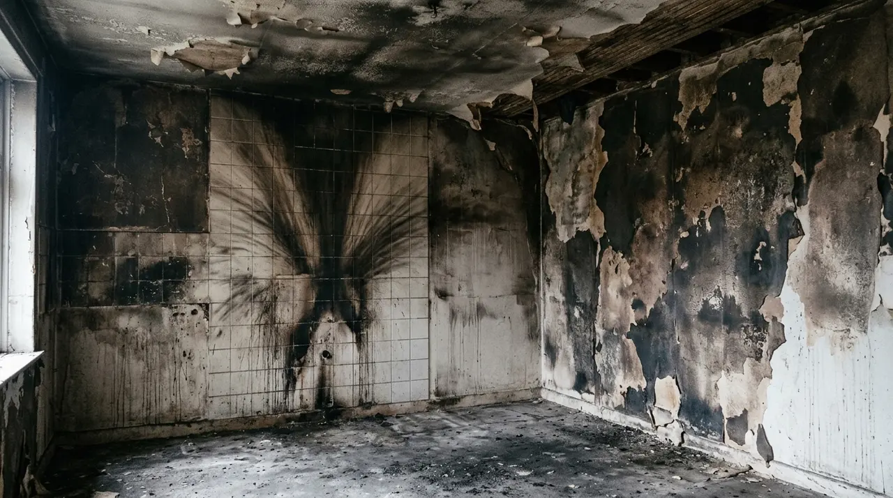 Parete e soffitto di una cucina anneriti dalla fiammata dopo lo scoppio di una bombola di gas in casa