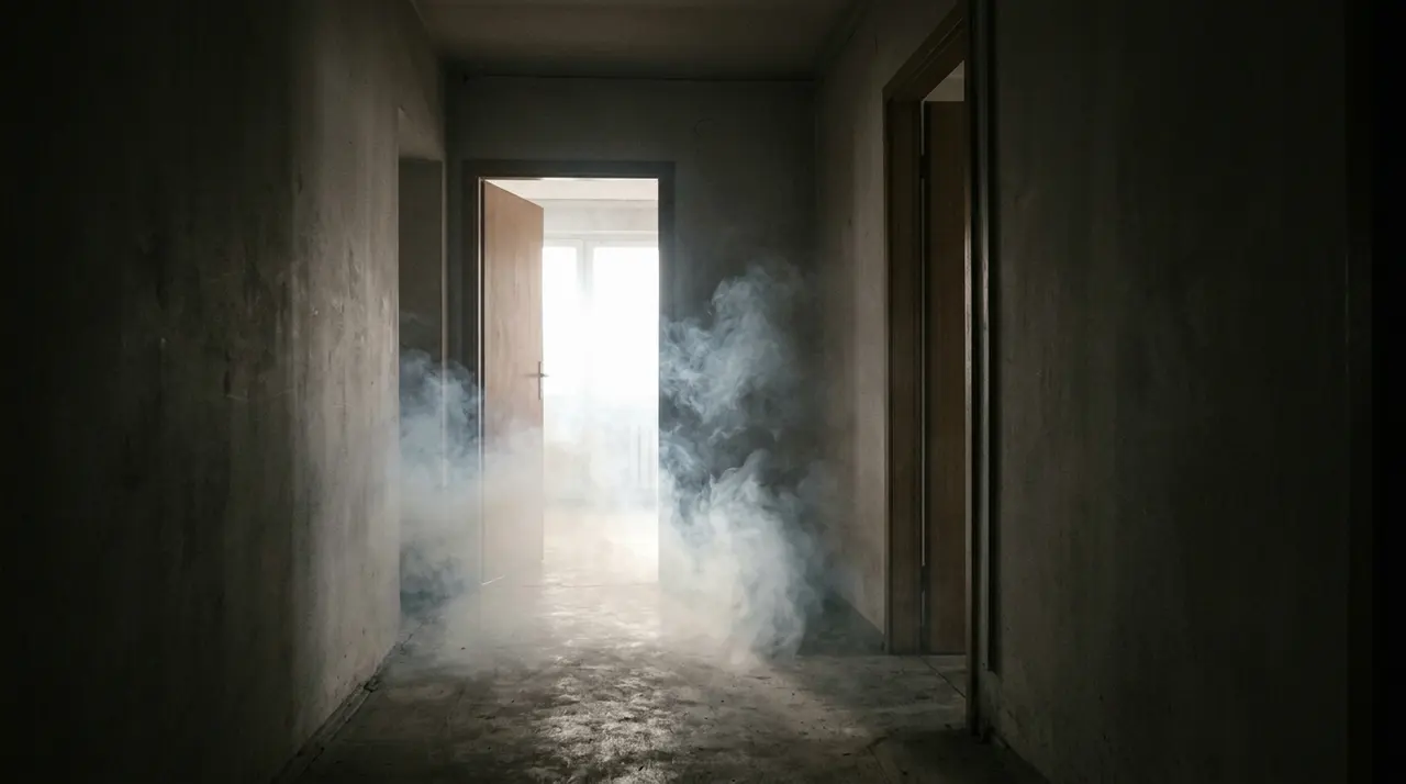 Fumi densi che invadono il corridoio di un appartamento, la causa piu frequente di intossicazione dopo un incendio domestico