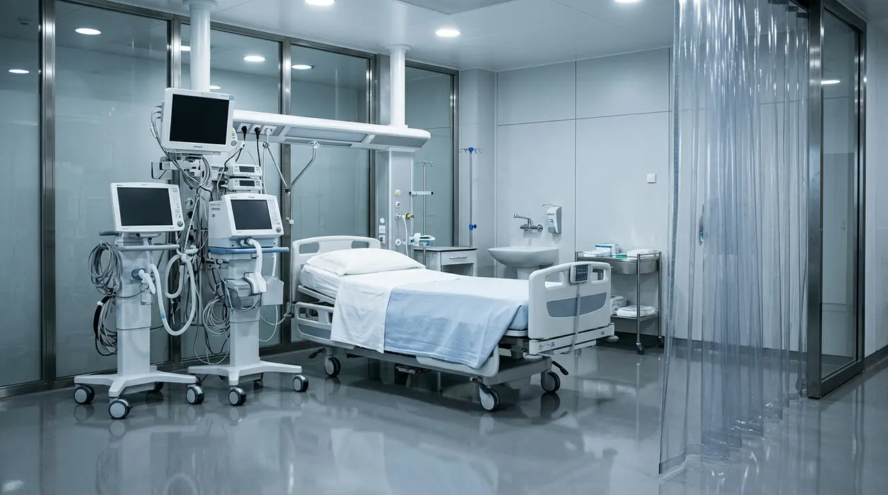 Stanza di terapia intensiva vuota in un reparto per grandi ustionati, letto e ventilatore polmonare sotto luce clinica