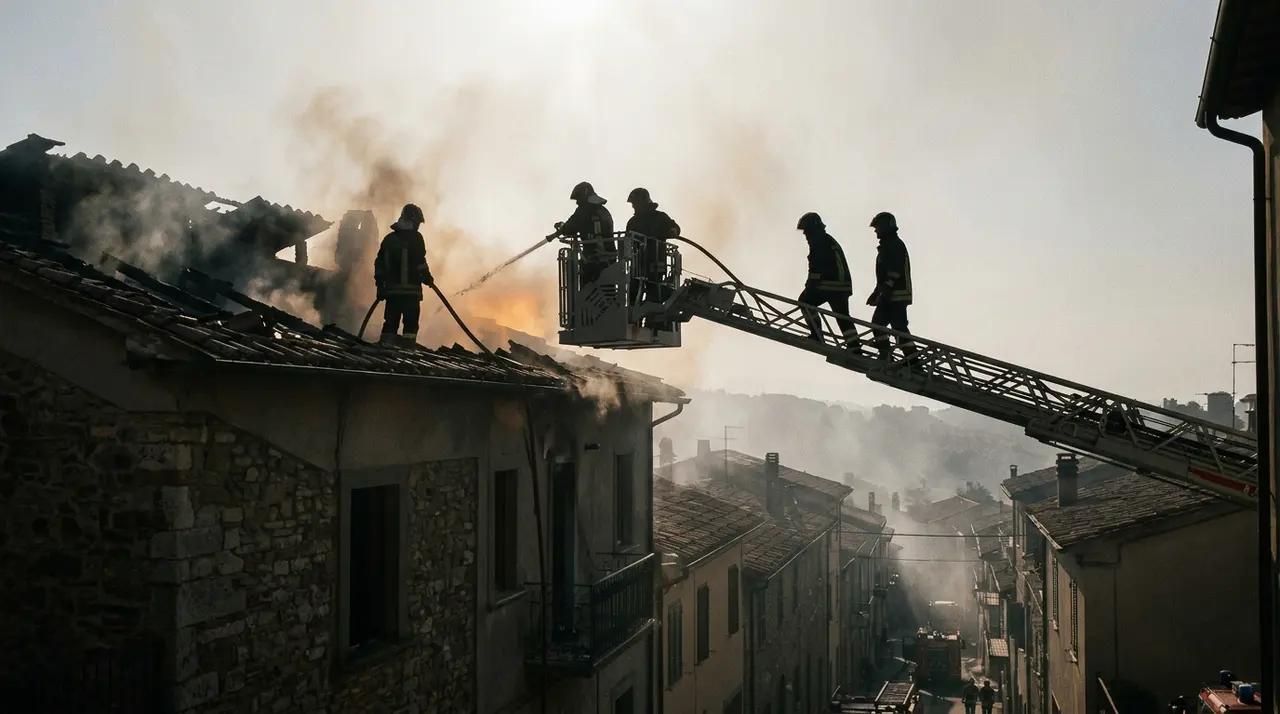 Vigili del fuoco in controluce su un'autoscala mentre lavorano sulla copertura danneggiata di un edificio residenziale