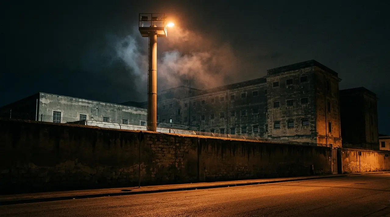 Incendio al carcere Malaspina: immagine illustrativa di un istituto di detenzione italiano di notte, con fumo chiaro sopra il muro di cinta illuminato