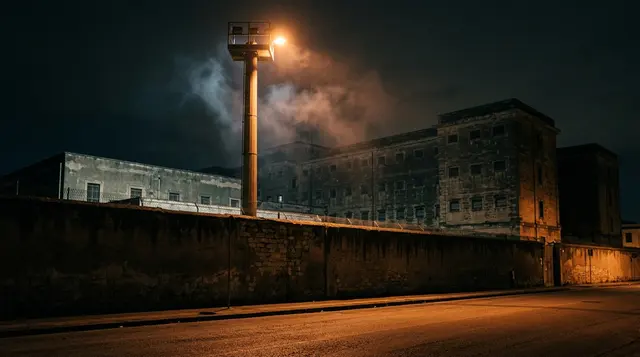 Incendio al carcere Malaspina: immagine illustrativa di un istituto di detenzione italiano di notte, con fumo chiaro sopra il muro di cinta illuminato
