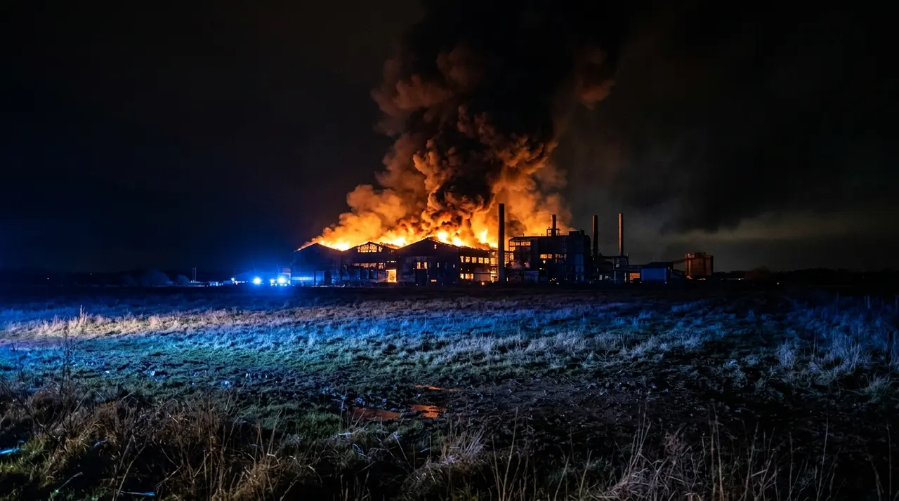 Incendio alla Maxi Dolphin: capannone industriale avvolto dalle fiamme nella notte con alta colonna di fumo scuro, immagine illustrativa