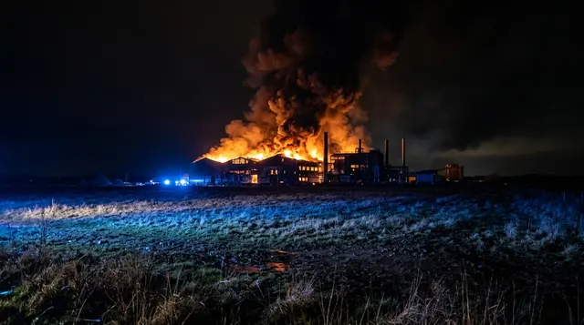 Incendio alla Maxi Dolphin: capannone industriale avvolto dalle fiamme nella notte con alta colonna di fumo scuro, immagine illustrativa