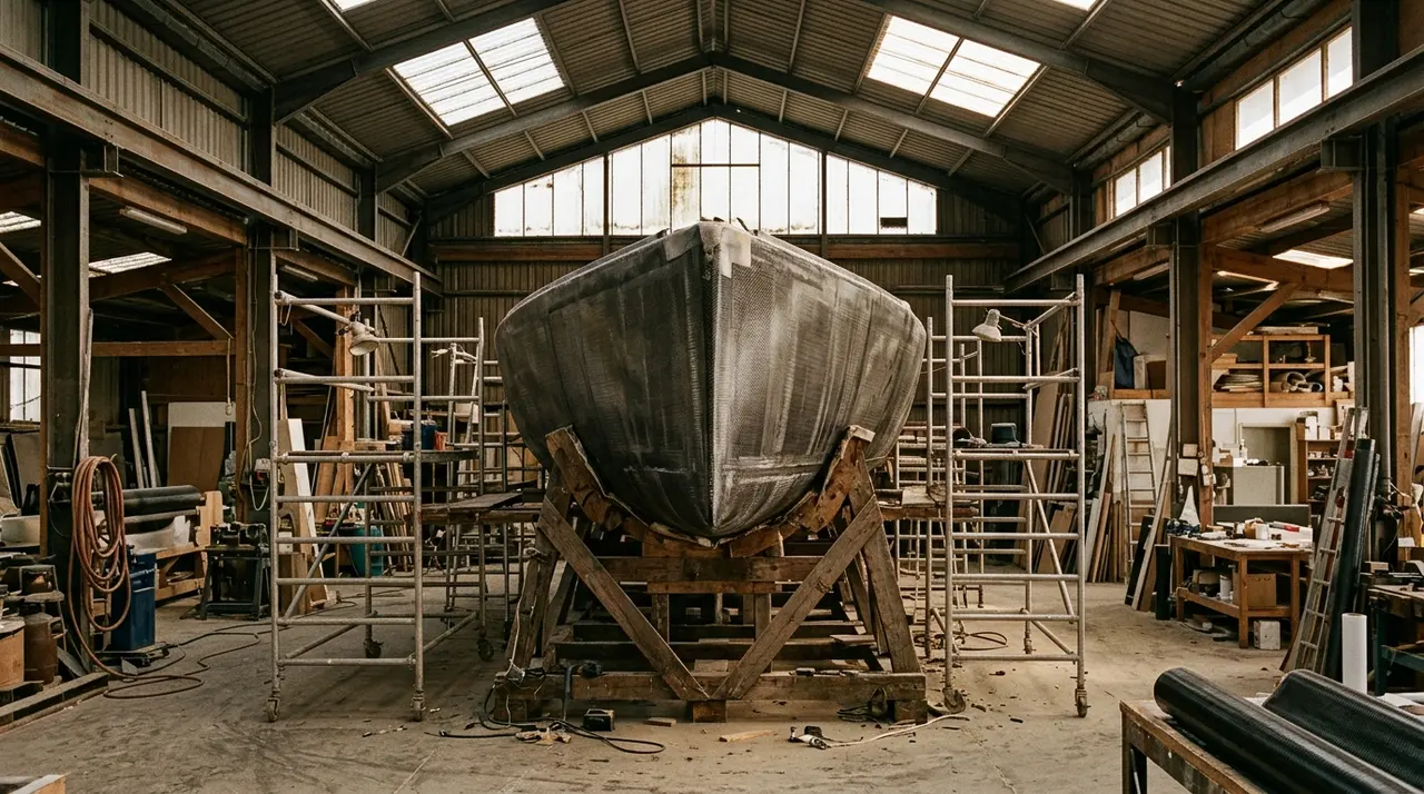 Scafo di uno yacht a vela in fibra di carbonio in lavorazione su invasature di legno dentro un cantiere nautico artigianale