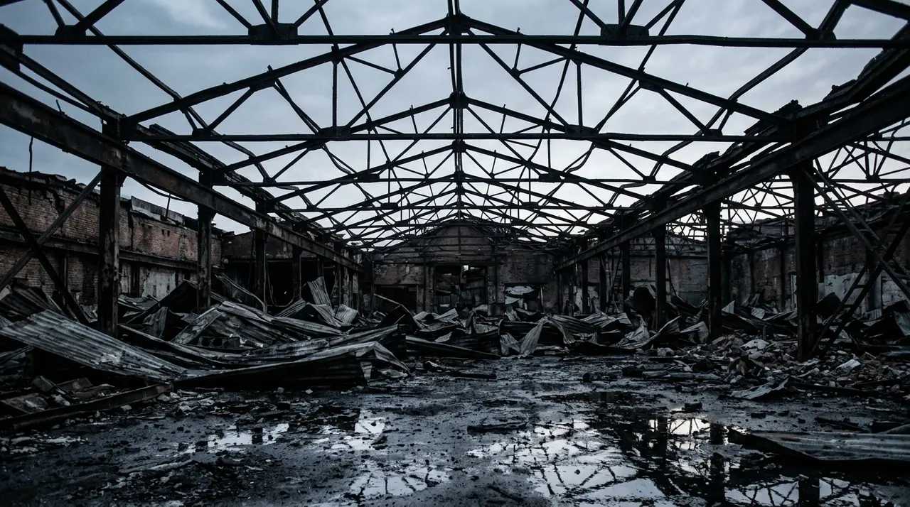 Interno di un capannone industriale distrutto dal fuoco con capriate metalliche annerite e lamiere crollate al suolo