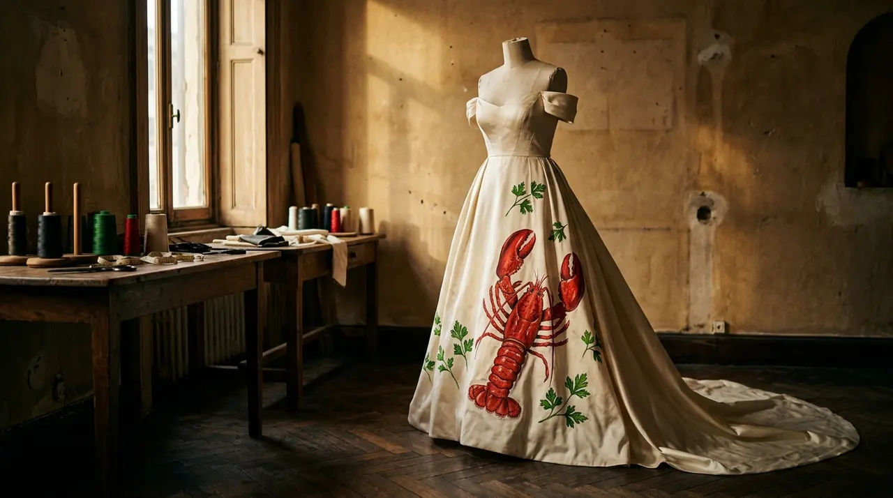 Dalí e la moda: abito da sera in seta chiara con motivo di aragosta rossa su manichino da sartoria, immagine illustrativa