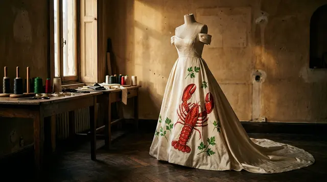Dalí e la moda: abito da sera in seta chiara con motivo di aragosta rossa su manichino da sartoria, immagine illustrativa