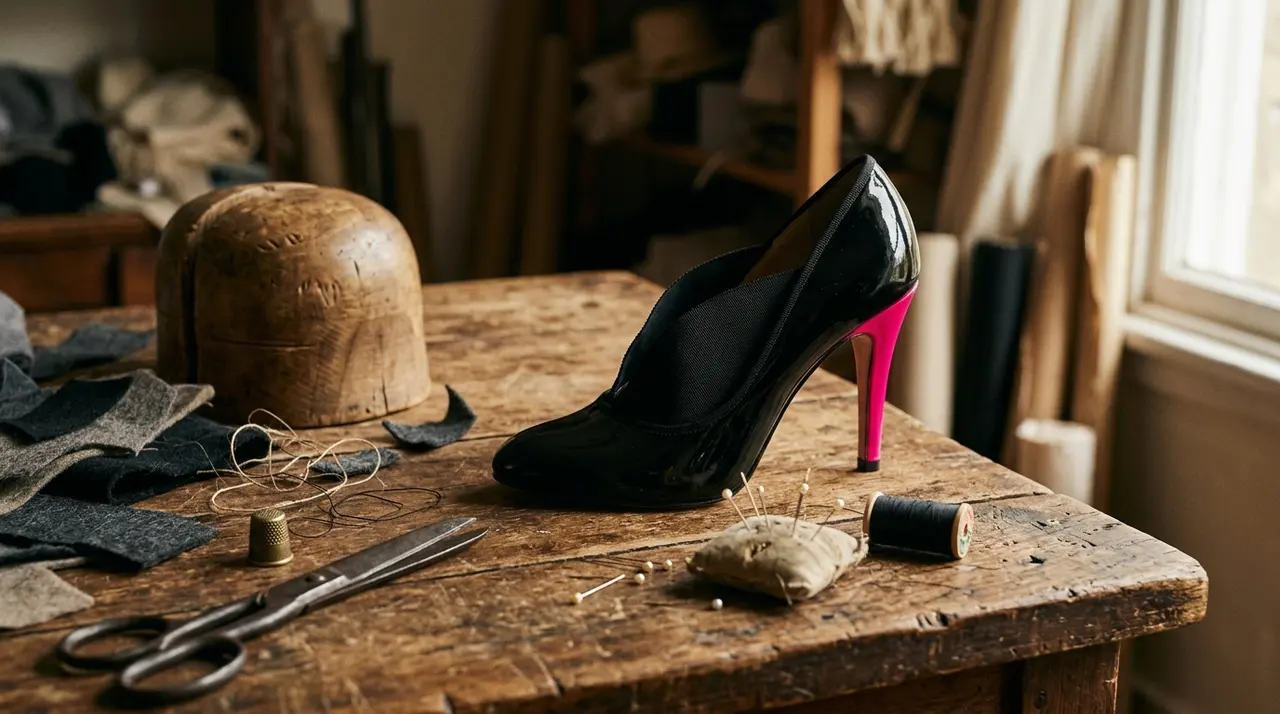 Cappello a forma di scarpa nera con tacco rosa shocking su un banco da modisteria, oggetto surrealista