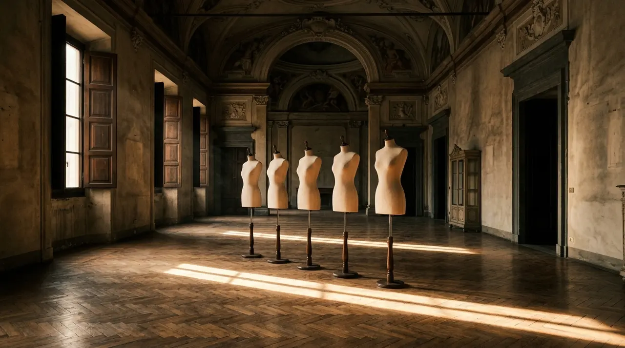 Manichini da sartoria in tela allineati in una sala di un palazzo storico milanese