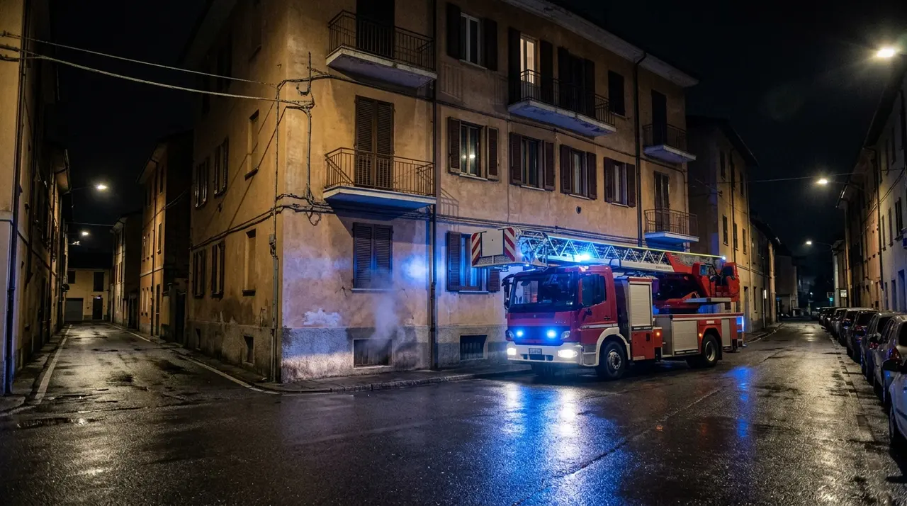 Incendio a Castel Maggiore: autoscala dei vigili del fuoco davanti a una palazzina di notte, fumo da una finestra dello scantinato