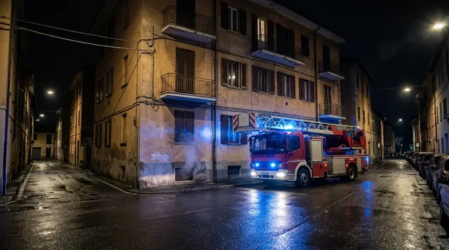 Incendio a Castel Maggiore: autoscala dei vigili del fuoco davanti a una palazzina di notte, fumo da una finestra dello scantinato