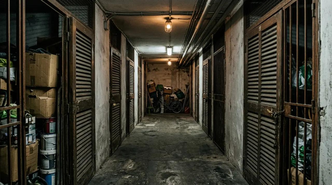 Corridoio di cantine condominiali con porte in legno a doghe, scatoloni, barattoli di vernice e una bicicletta