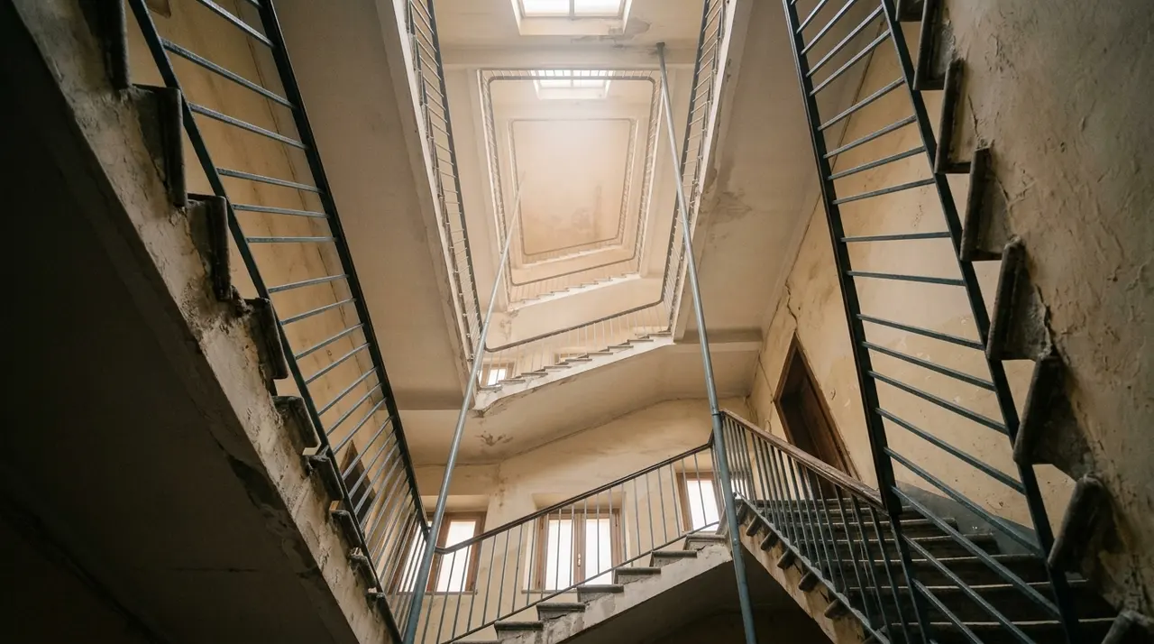 Vano scala di un edificio residenziale visto dal basso, con una velatura di fumo chiaro ai piani alti