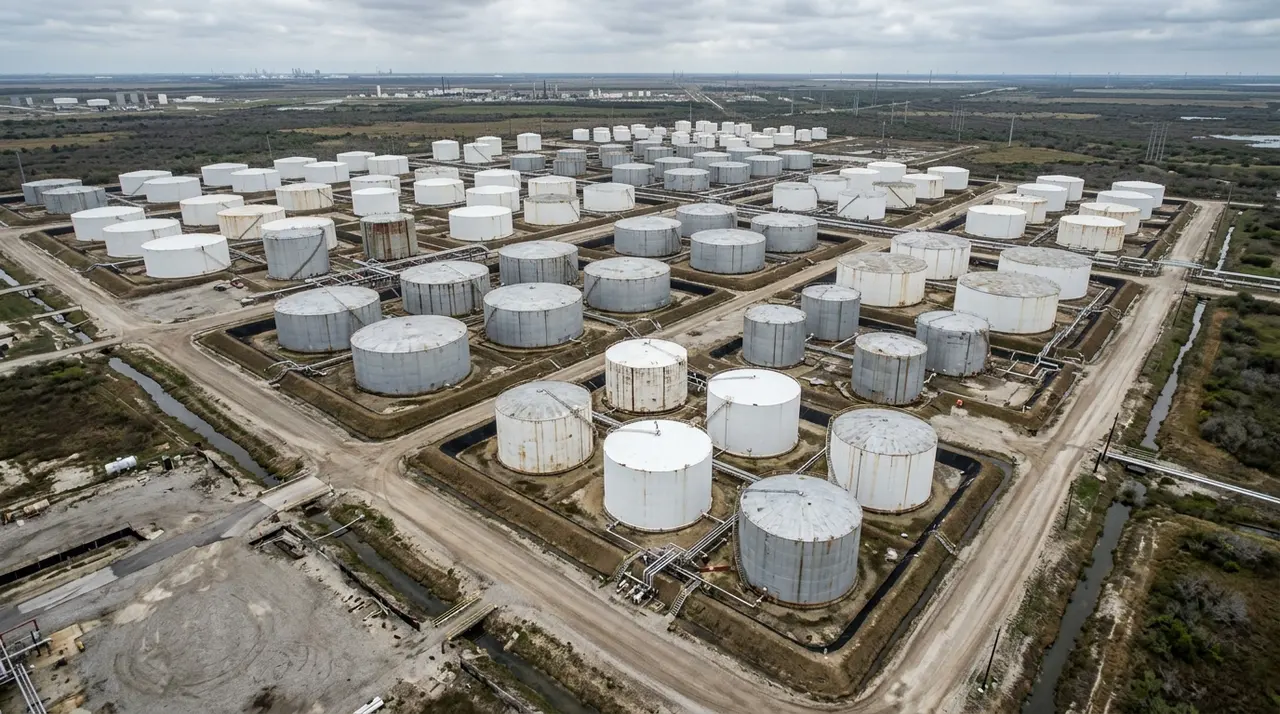 Deposito costiero di carburanti visto dall alto, serbatoi cilindrici allineati dentro i bacini di contenimento
