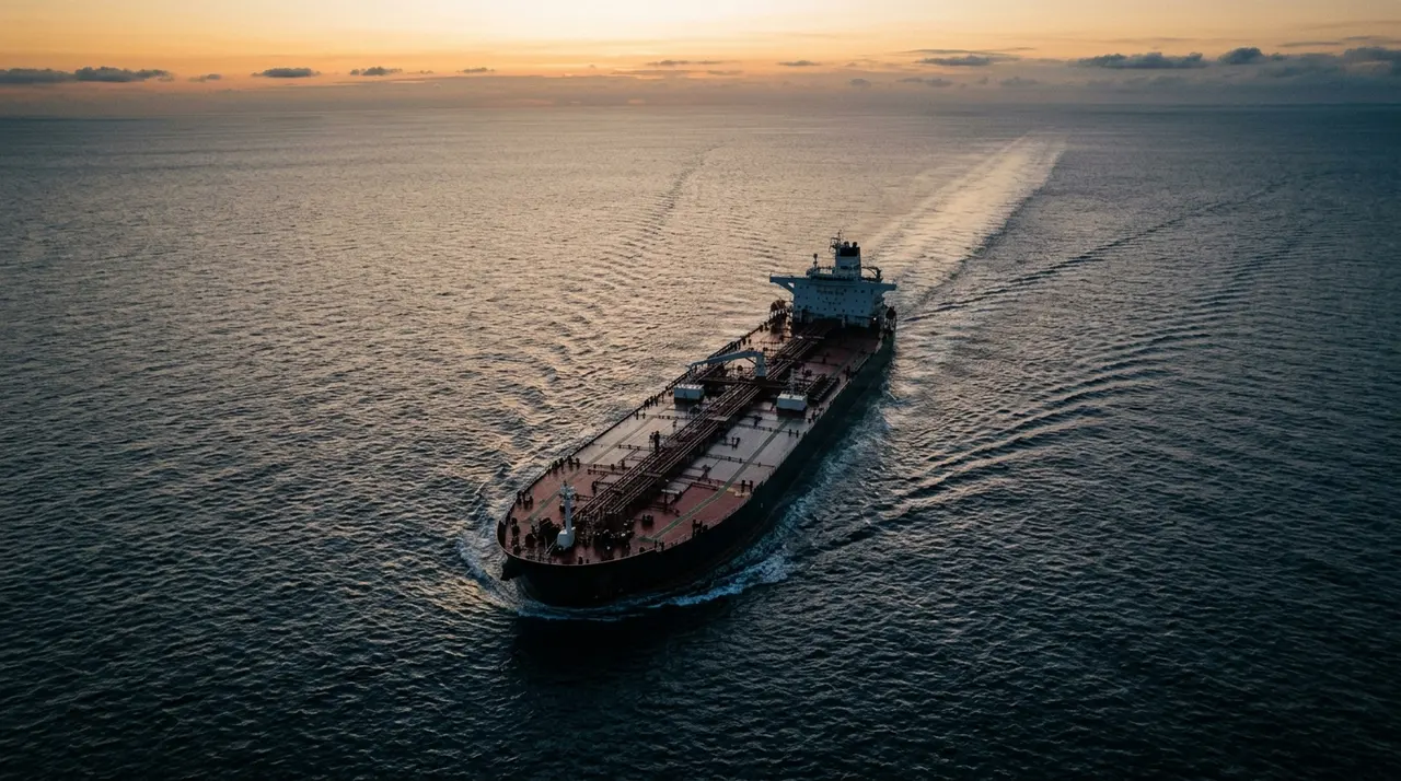 Petroliera in navigazione in mare aperto al tramonto, veduta aerea con la scia di poppa