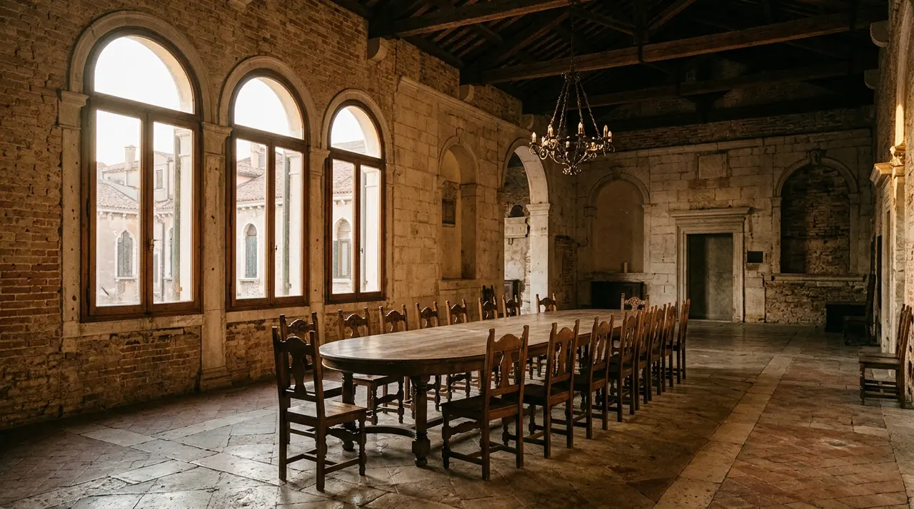 Intelligenza artificiale a Venezia: sala storica veneziana con tavolo ovale e sedie vuote, immagine illustrativa del forum del 4 settembre