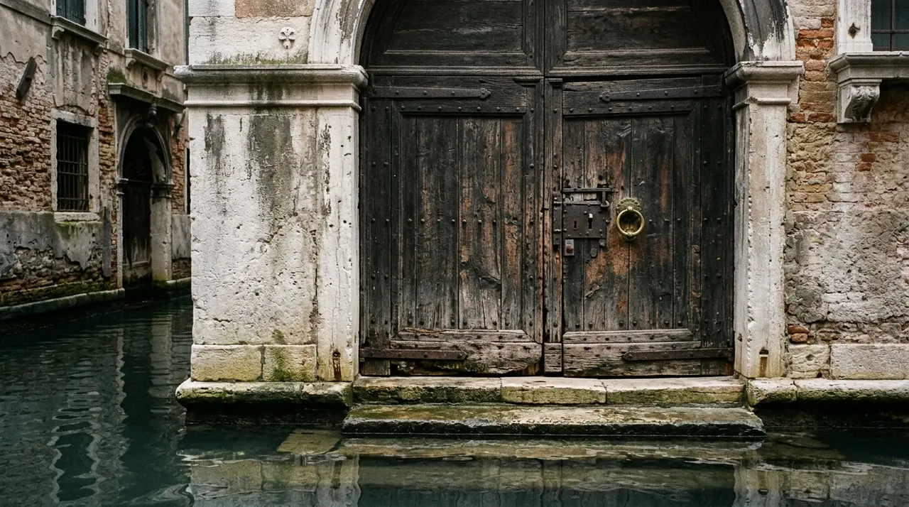 Portone di legno chiuso di un palazzo veneziano affacciato sul canale, immagine illustrativa del forum su invito