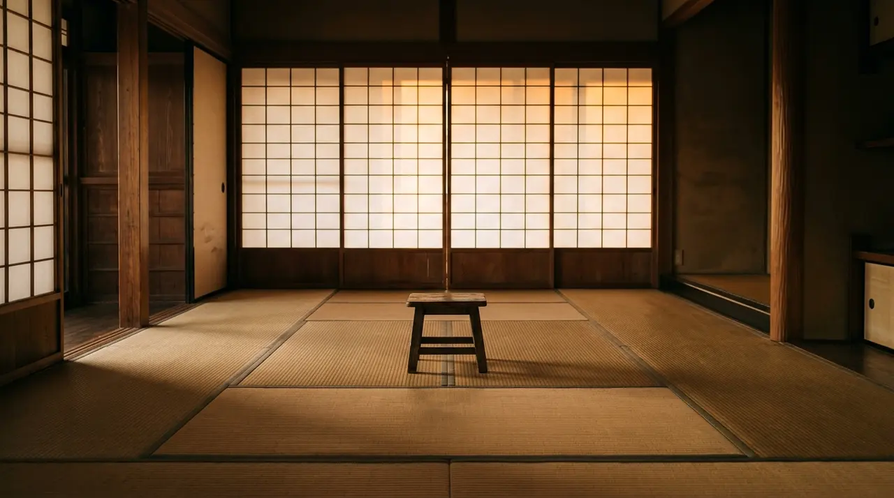 Stanza giapponese vuota con tatami e un piccolo sgabello di legno, immagine illustrativa del film Sheep in the Box di Kore-eda