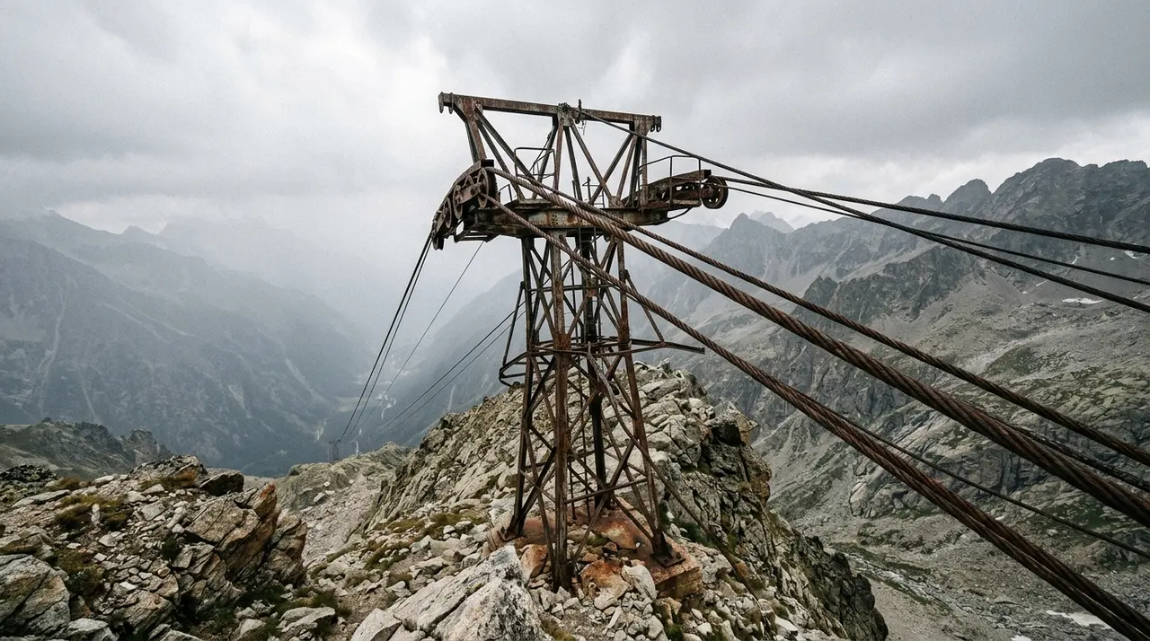 Cavi d'acciaio e pilone di una teleferica di servizio in alta montagna, ostacolo tipico del volo a bassa quota