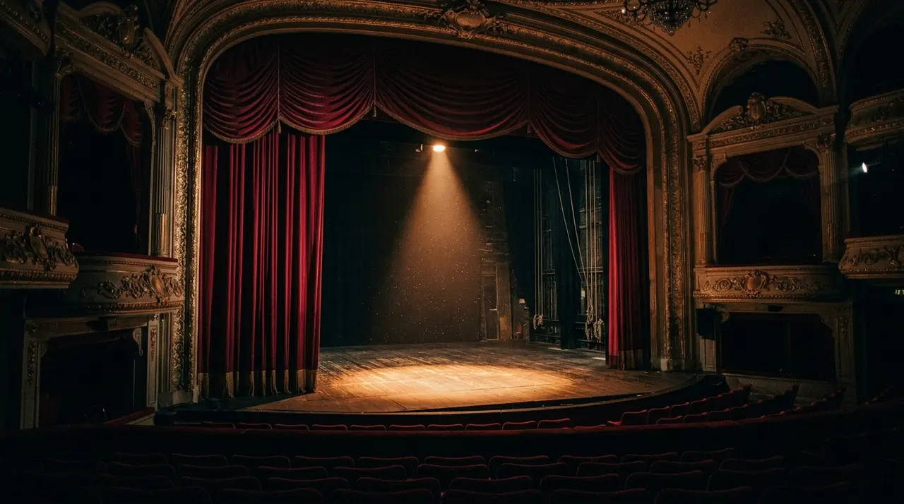 Palcoscenico teatrale vuoto illuminato da un occhio di bue, immagine simbolica per l'addio a Tim Curry