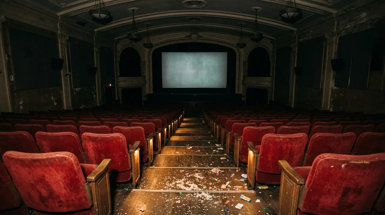 Sala cinematografica vuota con riso e coriandoli sul pavimento dopo una proiezione di mezzanotte