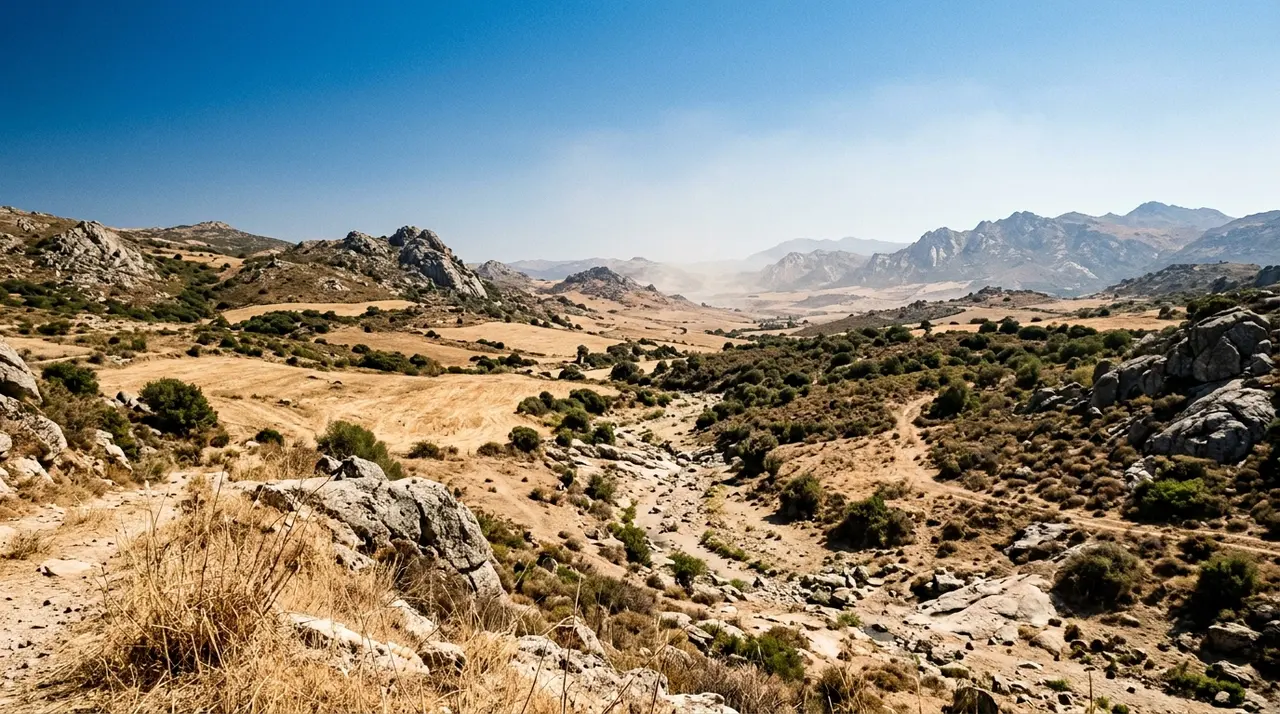 Emergenza caldo in Sardegna: valle interna riarsa dal sole con foschia da calore sulle creste lontane