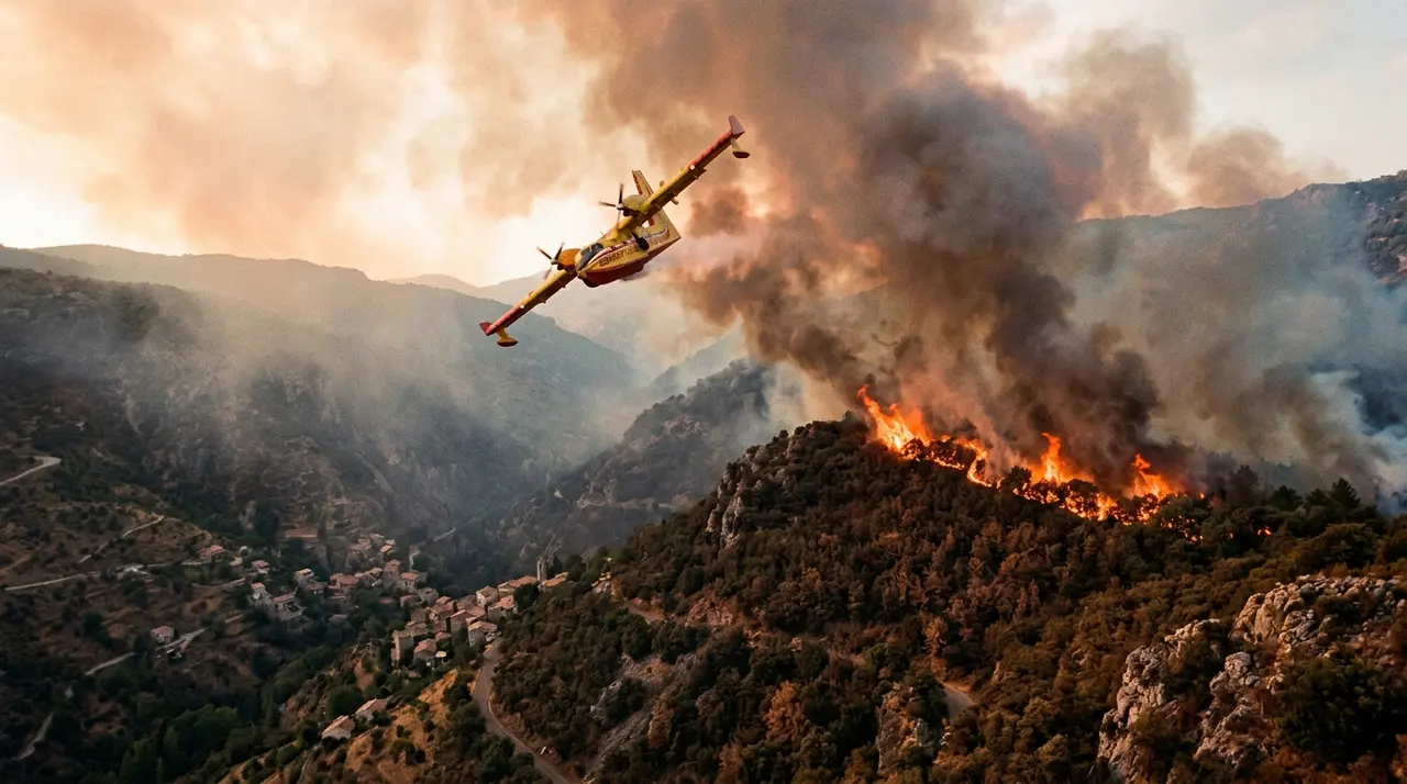 Canadair in volo radente su un fronte di fuoco lungo un crinale boscoso sopra un paese di montagna