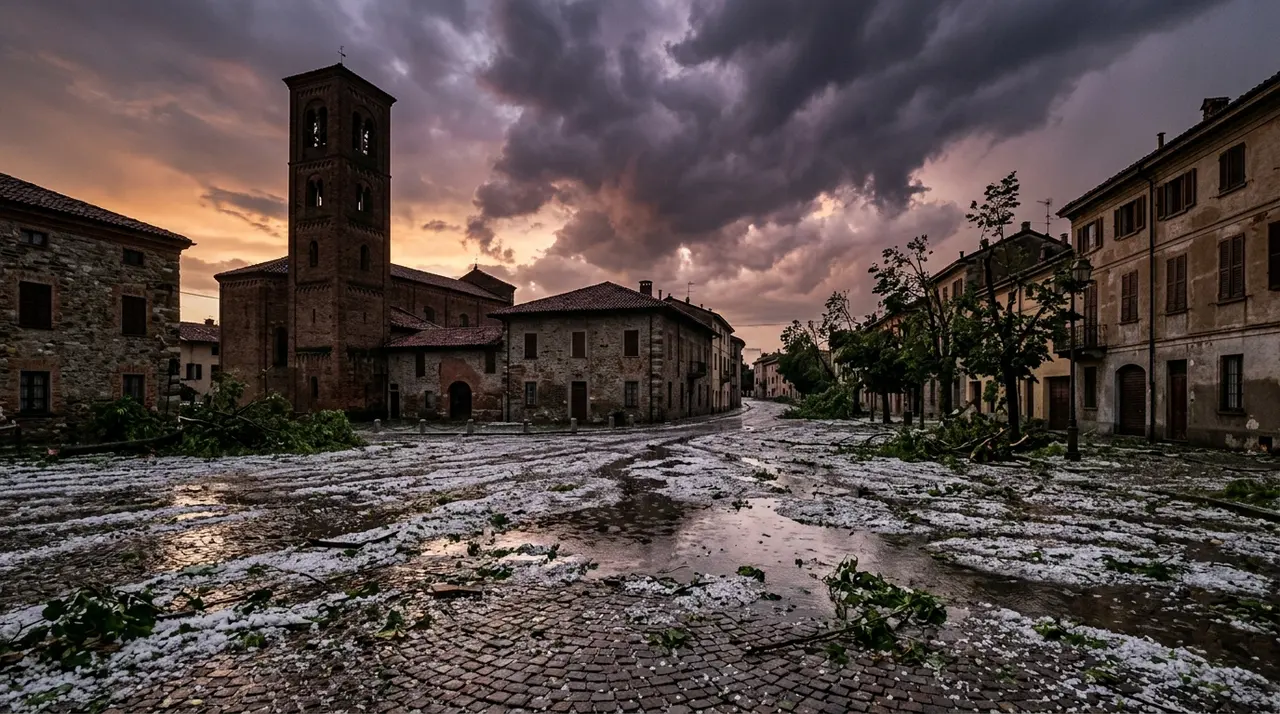 Piazza di un centro storico del Nord Italia coperta di chicchi di grandine e rami spezzati dopo il temporale