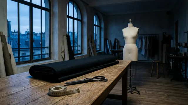 Accordo con le banche per Dolce&Gabbana: atelier sartoriale deserto all'alba, tavolo da taglio con rotolo di lana nera, forbici da sarto e manichino in tela