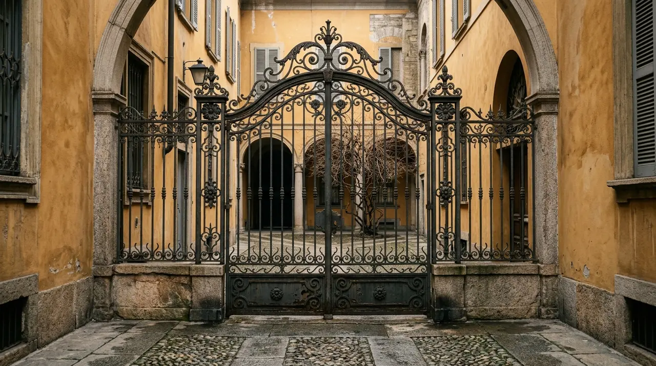Cancello in ferro battuto chiuso sul cortile interno di un palazzo milanese d'inizio Novecento, intonaco ocra e pavimentazione in pietra