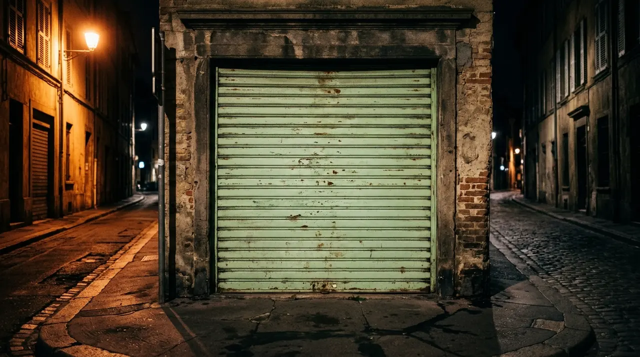 Serranda abbassata di un piccolo negozio di notte in una via deserta, immagine simbolica della pressione estorsiva sui commercianti delle borgate palermitane