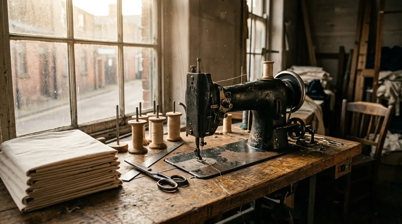Macchina da cucire industriale su un banco di lavoro in un laboratorio tessile vuoto, evocazione della Sigma, la fabbrica di pigiameria che Libero Grassi si rifiutò di chiudere