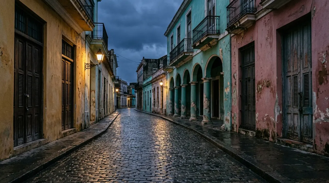 Di Battista a Cuba: strada coloniale deserta di una citta di provincia cubana all'imbrunire, facciate pastello e lampioni accesi