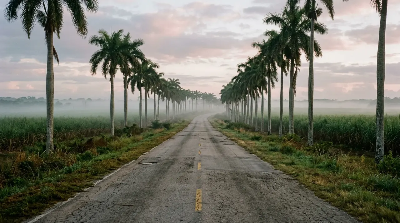 Strada rurale cubana fiancheggiata da palme reali all'alba, i trecento chilometri che separano Santa Clara dall'Avana