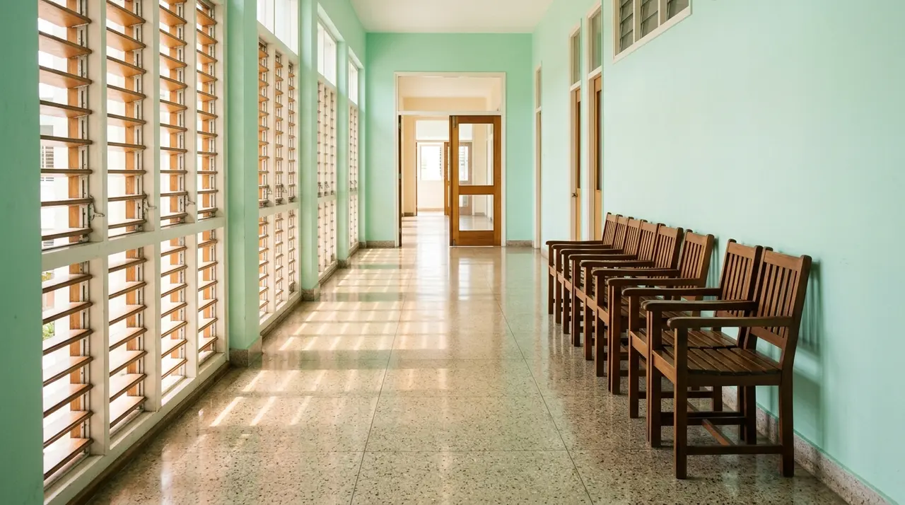 Corridoio d'ospedale vuoto e illuminato dalla luce del giorno, sedie di legno in attesa lungo la parete verde chiaro