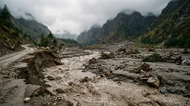 Valle himalayana devastata dall'alluvione, area in cui si cercano gli italiani dispersi in Nepal