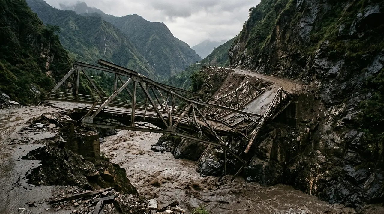 Ponte crollato su un fiume in piena in una gola himalayana dopo l'alluvione tra Nepal e Tibet